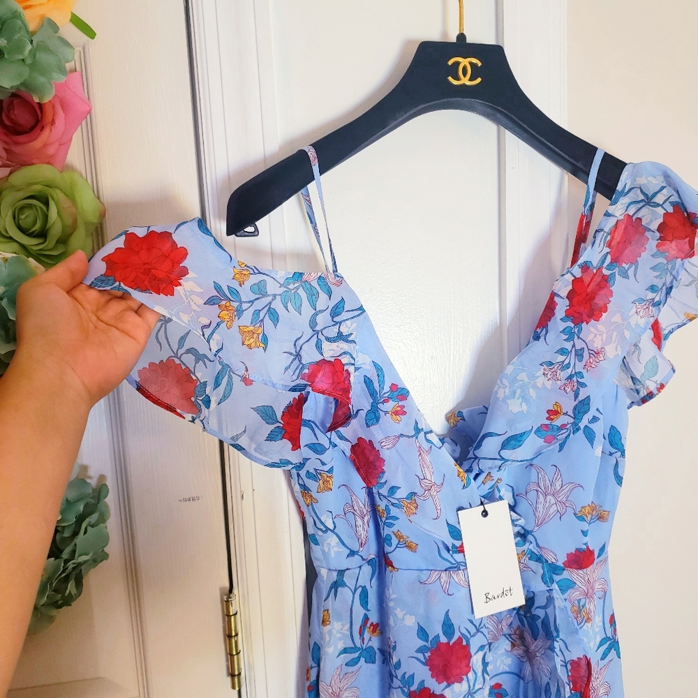 New BARDOT Chiffon Floral Print Maxi Dress XS Midi Slit Ruffle - Picture 6 of 13